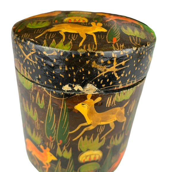 Vtg Paper Mache India Hand Painted Trinket Jewelry Box Deer Woodland Animals - Picture 3 of 9